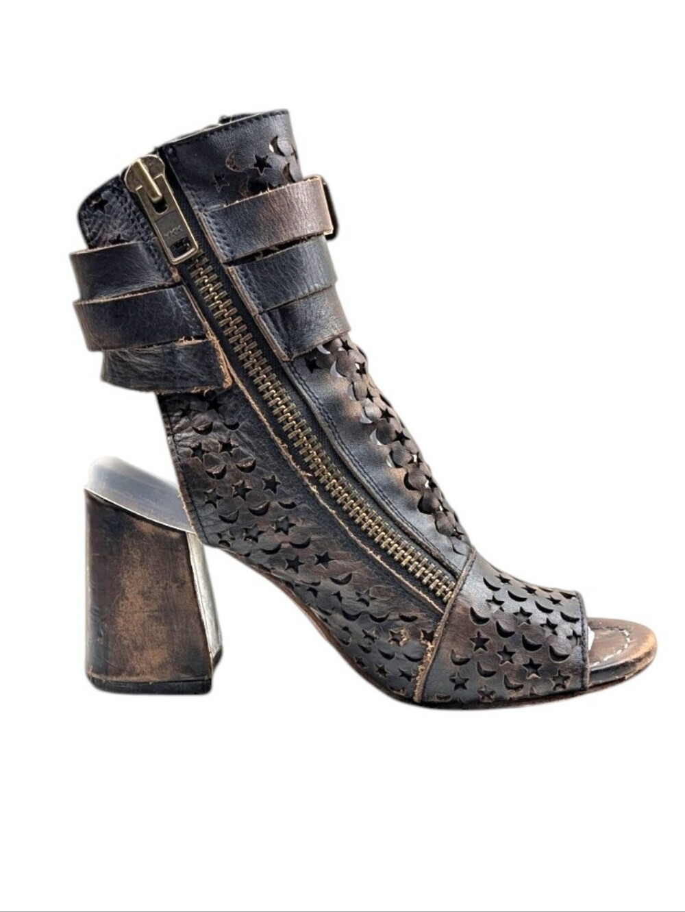 Freebird Theresa Distressed Leather Cutout Peep Toe Block Heel Booties Size 8 - Picture 5 of 12